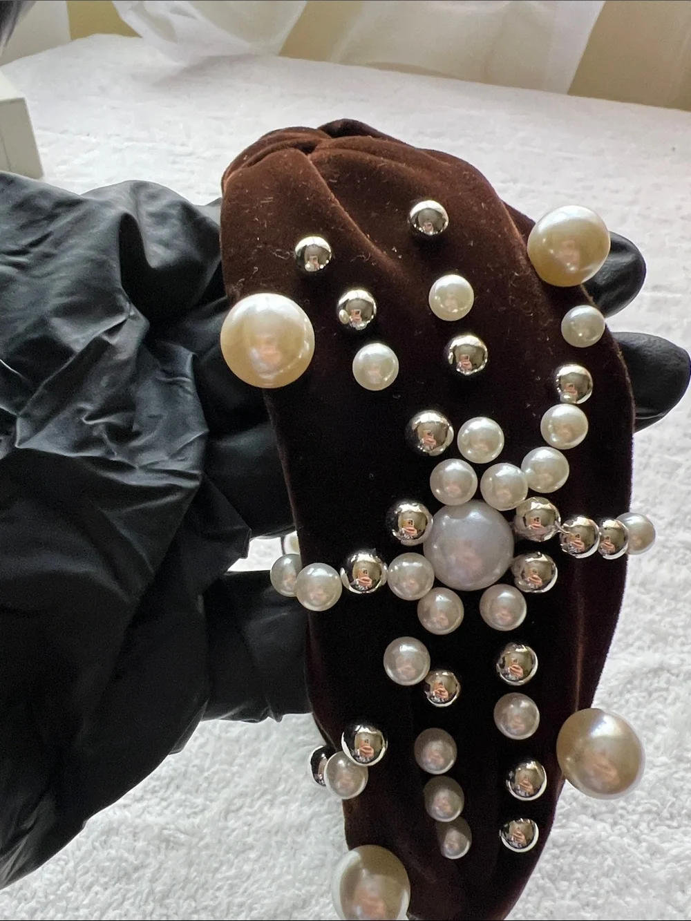Natasha Couture Brown  Velvet Pearl Rhinestone Knotted Headband Embellished